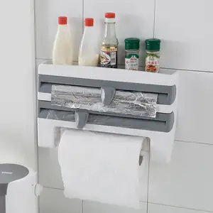 Baru terpasang di dinding 3-in-1 handuk kertas bungkus dapur Dispenser Film lengket pemegang rol pemotong dengan rak penyimpanan bumbu