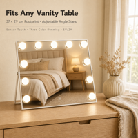 Miroir de maquillage éclairé en bois blanc avec lumières, 37 cm, angle réglable, 3 modes de couleur, variateur d'intensité, capteur tactile
