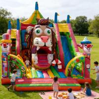 Structure gonflable combinée toboggan et château à rebondir sur le thème du lion de cirque et du clown, multicolore, pour enfants, aire de jeux d'aventure de carnaval, pour fêtes et usage commercial