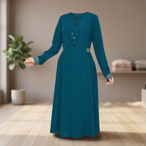Trendy Modest Casual Front Button Floor-length Boat Neck Abaya Women <b>Lightweight</b> Long Sleeves Soft Breathable Fabric Quick Dry - Product Image 3