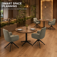 Fauteuil de salle à manger, tissu vert sauge, tissage texturé bouclé, base araignée, table ronde en bois pour café, restaurant et hôtel