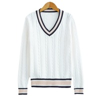 Pull en tricot torsadé style preppy pour homme, col en V, bordure côtelée contrastée, manches longues, pull d'automne/hiver