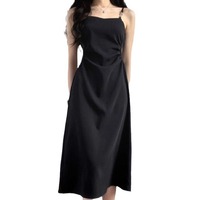 Robe midi élégante de style Hepburn noire pour l'été 2025, robe décontractée à motif uni, robe de soirée haut de gamme naturelle en forme de A