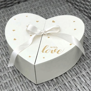 Customization Luxury Heart Shaped Hot Foil Gold Logo Black Or White Double Open Gift Box With Satin Ribbon