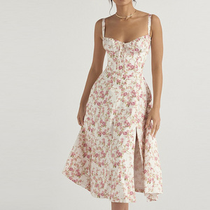 Abiti Lunghi Eleganti da Donna <span class=keywords><strong>Stile</strong></span> Francese, Vita Alta, Stampa Floreale, Spalline Sottili, Spacco Laterale, Abiti Estivi da Spiaggia e da Festa, Disponibili, MOQ 1 - Product Image 1