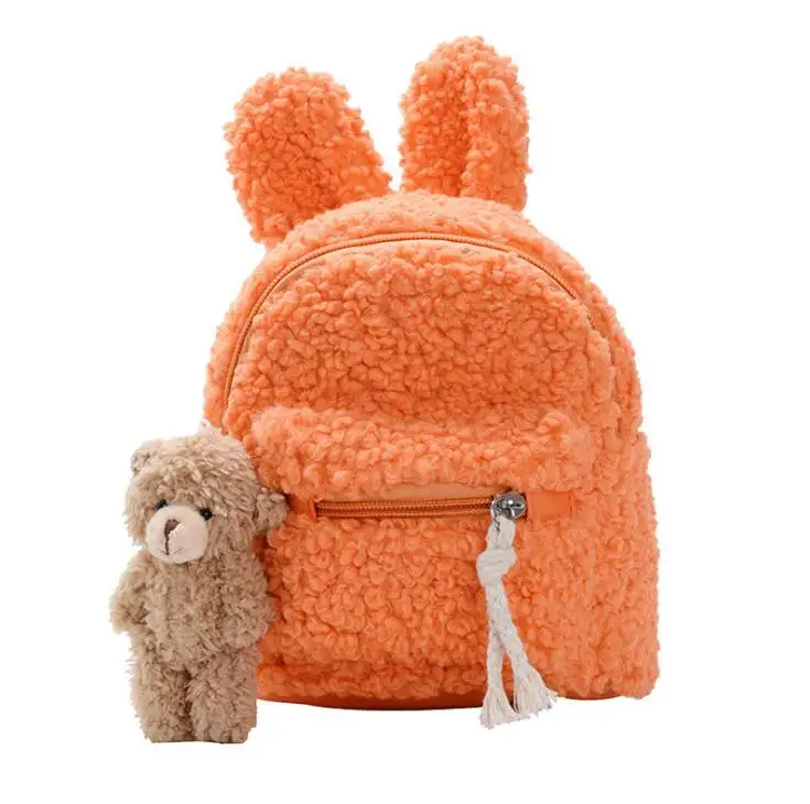 Korean Winter Short Woolen Plush Rabbit Backpack Trendy Children Boys Girls School Bag Kids Backpack With Small Bear