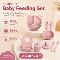 Ensemble de vaisselle incassable en silicone pour bébé, sans BPA, avec assiette à succion, bavoir, bol, cuillère, fourchette et tasse à bec verseur, vente en gros