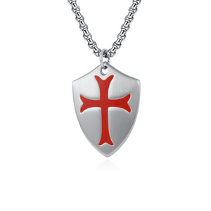 <b>Cross</b> Shield Necklace For Men Stainless Steel Pendant Gold Tone Red <b>Cross</b> Design Streetwear Fashion Jewelry - Product Image 5