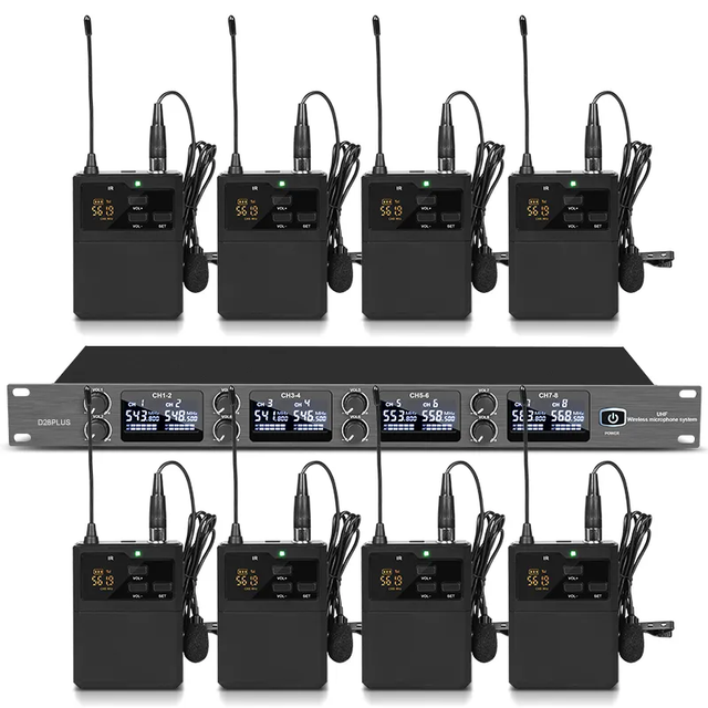 D28PLUS 8 Channel UHF Wireless Lapel Microphone for Conference Studio Portable Microphone System
