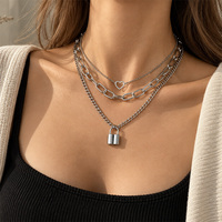 Ensemble de colliers superposés couleur argent avec pendentifs cœur et cadenas, chaîne trombone, bijoux de mode punk pour femmes et filles, cadeau de fête