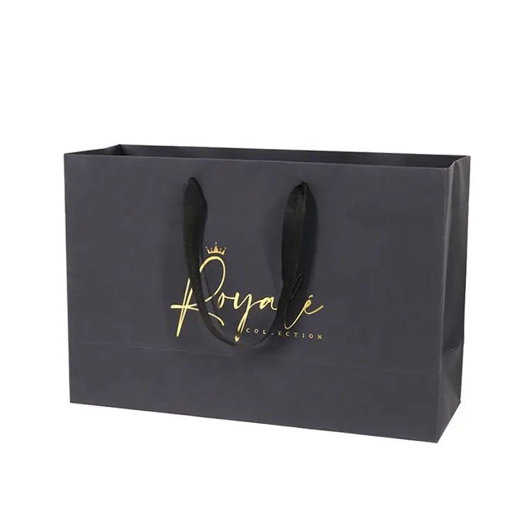 Emballage en carton personnalisé avec impression de votre propre logo Sacs en papier noir pour cadeaux Sac en papier réutilisable avec poignées