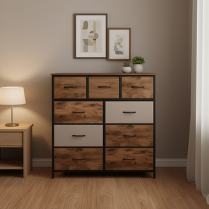 9 Drawer Dresser Metal <b>Frame</b> Wooden Top Fabric Storage Organizer Rustic Bedroom Furniture - Product Image 2