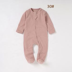 Jumpsuit bayi katun organik 100%, Romper bayi pola cetak Solid rajut bergaris - Product Image 5