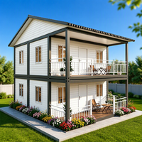 Rumah Kontainer Prefab Dua Lantai dengan Dapur Modern, Balkon, Atap Miring, Jendela dari Lantai ke Langit-langit, dan Ruang Kerja