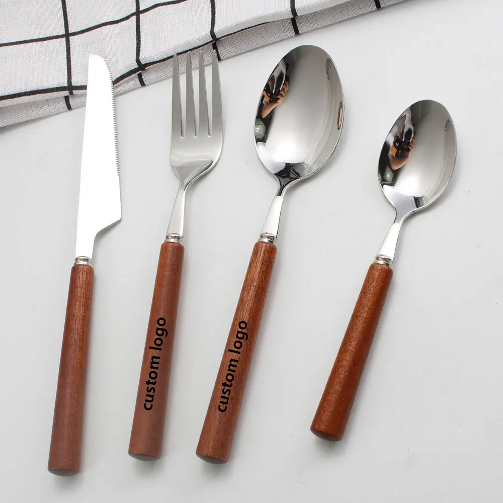 Eco Friendly Wedding Party Wooden Stainless Steel Spoon Folk Knife set Engrave Logo Camping Wood Cutlery