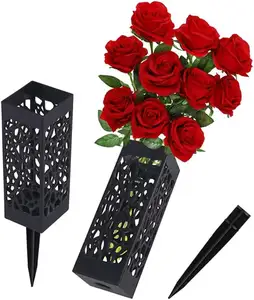 Headstones for Graves Cemetery Decorations Flower Holder Black Plastic Vase with Drainage Hole Long Spikes Outdoor Memorials