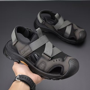 รองเท้าแตะแบบปิดนิ้วเท้าสำหรับผู้ชาย พื้นรองเท้ายางระบายอากาศได้ดี สายรัดเวลโคร รองเท้าลำลองสำหรับชายหาด ขับรถ และใส่ในชีวิตประจำวัน - Product Image 4