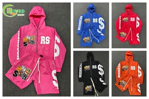 Custom Vintage <b>Men's</b> Tracksuit <b>Set</b> Digital Printing Acid Wash Applique Embroidery Letter Zip Up <b>Hoodies</b> <b>And</b> <b>Shorts</b> <b>Set</b> For <b>Men</b> - Product Image 4