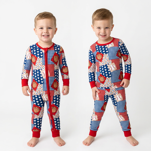 Pyjama en viscose de bambou pour tout-petits, garçons, motif patchwork de baseball avec bordure rouge, ensemble 2 pièces à manches longues - Product Image 1