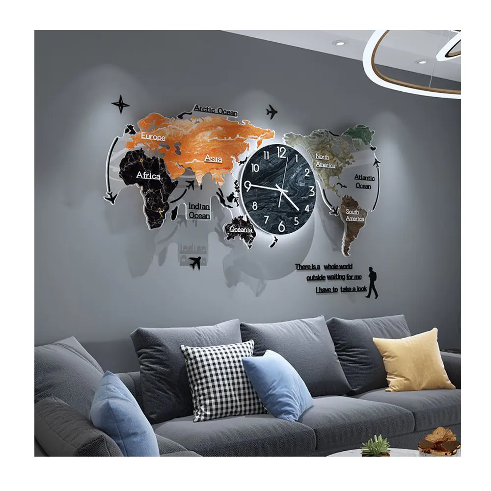 Newart 24 inch diy acrylic sticker 3d digital luminous wall clock world map for home decor kids gift