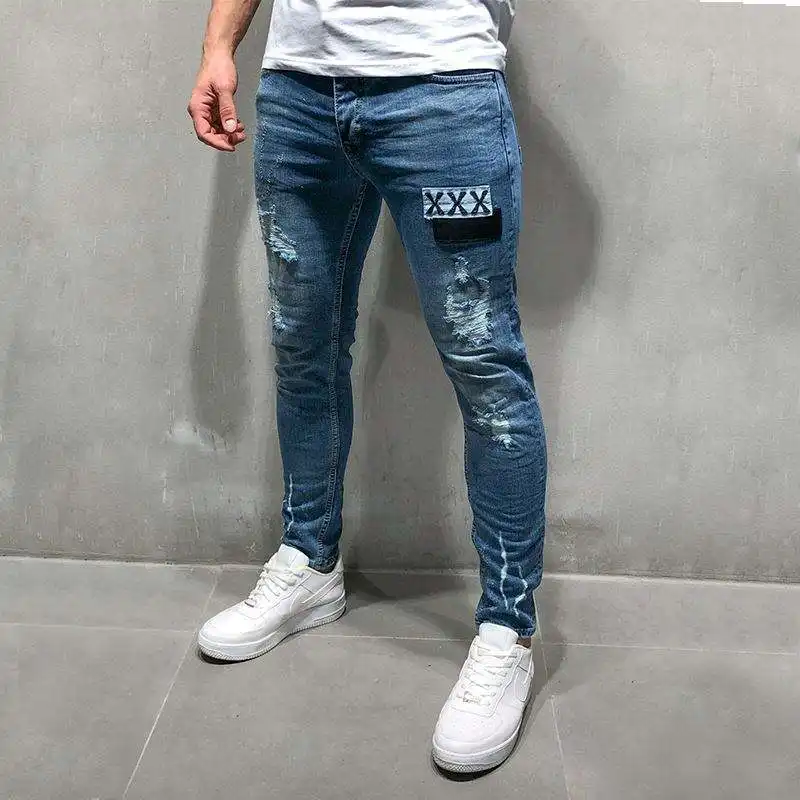 Toptan kot pantolon Los Angeles pamuk yırtık pantolon Denim kot erkekler için Bouton kot