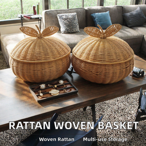 Panier de rangement en rotin tressé à la main avec couvercle, en forme de pomme, pour fruits, organisateur pour salon, cuisine, thé, œufs, boîte à collation - Product Image 2