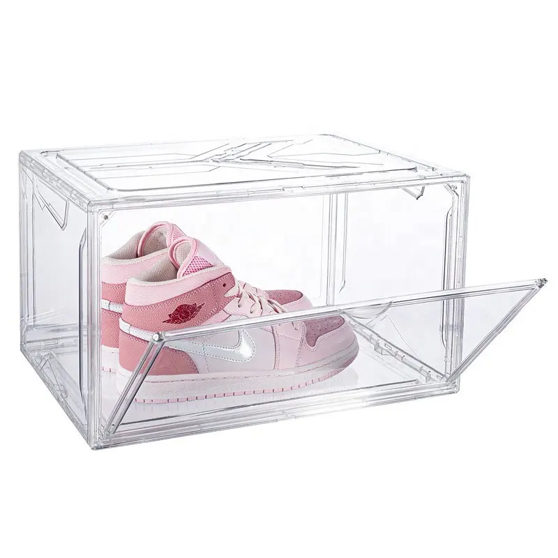صندوق عرض ساخن مخصص مصنوع من الأكريليك قابل للطي قابل للامتصاص لتخزين الأحذية من البلاستيك الشفاف