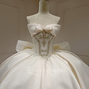 Xx97 Strapless Satin Modern Wedding Dress Beaded Corset <b>Ball</b> <b>Gown</b> Big Bow Lace-Up Back Chapel Train Floor-Length Bridal - Product Image 2
