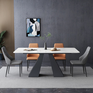 Table à manger moderne de style italien en acier au carbone avec plateau en pierre, pieds noirs fixes, mobilier pour la maison, restaurant, appartement - Product Image 2