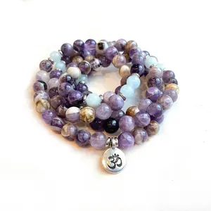 SN1848 Men Women Mala For Hope Amethyst & Aquamarine Bracelet Om Yoga Charm healing Jewelry Mantra Malas Meditation