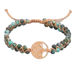 Pulsera de Yoga de doble capa trenzada hecha a mano, brazalete de cuerda turquesa africana, árbol de la vida creativo