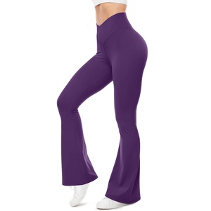 Pantalones deportivos de Yoga de cintura cruzada de Color sólido para mujeres europeas y americanas 2024 verano alta elasticidad diseño acampanado transpirable - Product Image 3