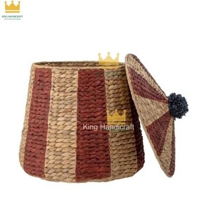 Cesto de almacenamiento de jacinto de agua con tapa, organizador de mantas tejido para niños, cesta decorativa para habitación infantil - Product Image 1