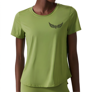 Camiseta Deportiva de Yoga para Mujer, Cuello Redondo, Manga Corta, Color Verde Oliva, Logotipo Bordado, Transpirable, Corte Regular, Color Sólido - Product Image 1