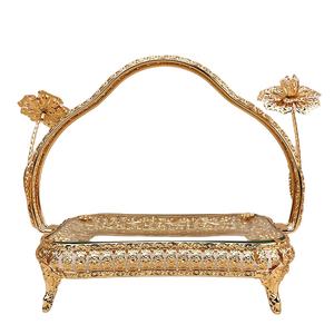 Plateau à fruits secs de calligraphie islamique pour la décoration du Ramadan, base en fer plaqué or avec des plaques en verre d'art arabe - Product Image 1