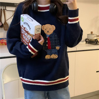 Suéter de punto con bordado de oso lindo estilo universitario OEM, jersey holgado de cuello redondo y manga larga para estudiantes.