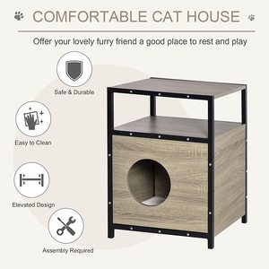 רהיטי חיות מחמד מעץ ומתכת לבית, בית לכלבים וחתולים עם מיטת כרית, שולחן צד דו-קומתי לחתולים, ארון אחסון נסתר - Product Image 3