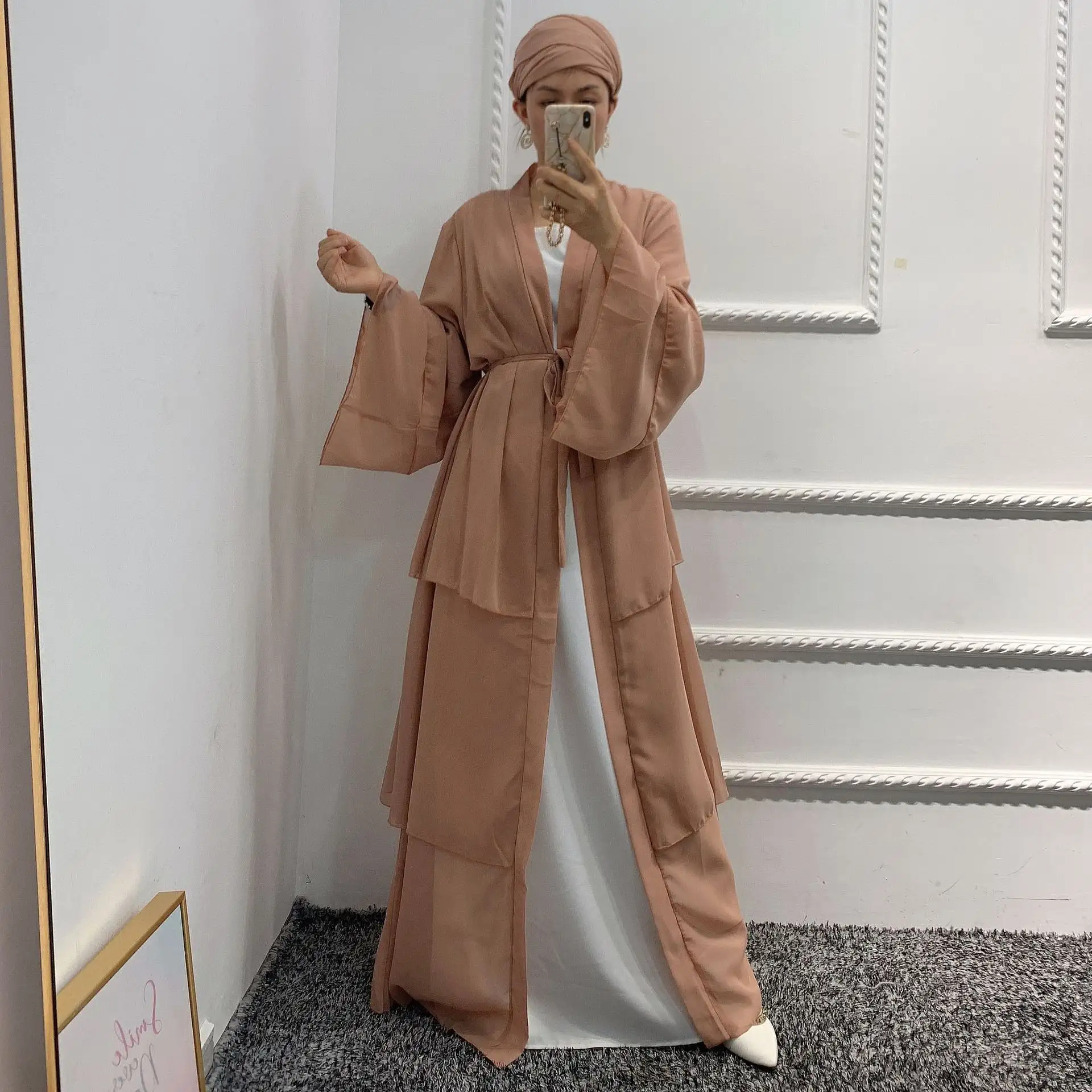 Islamic Clothing 3 Layers Simple Chiffon Front Open Muslim Kaftan Abaya Elegant Long Sleeve