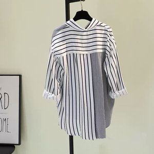 Baumwolle Leinen Single Pocket Color blocking Gestreiftes Hemd Damen Loose <span class=keywords><strong>Casual</strong></span> Top Bluse Mode - Product Image 5