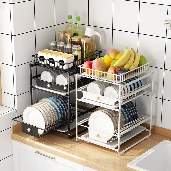 Kitchen Plate Storage Rack Pull Out Cabinet Organizer Household
