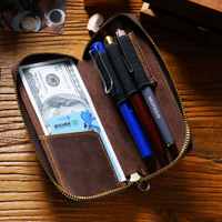 Étui à stylos en cuir véritable pour la papeterie Boîte de rangement pour lunettes Sac à stylos en cuir de cheval fou avec fente pour cartes de crédit