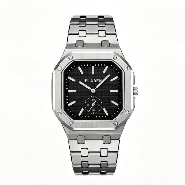 Sport Octagonal Design Quartz Watch Textured Dial Small Seconds Stainless Steel Band Wristwatch for Men