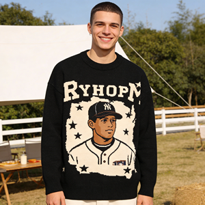 Pull <span class=keywords><strong>en</strong></span> tricot jacquard personnalisé pour homme, motif joueur de baseball vintage, <span class=keywords><strong>en</strong></span> coton épais, style streetwear rétro - Product Image 2