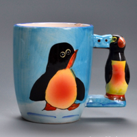 Mug à lait en céramique et porcelaine en forme de pingouin, logo personnalisé, design bleu de dessin animé, compatible lave-vaisselle et micro-ondes, poignée moderne pour enfants