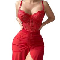 Ensemble de lingerie sexy en dentelle florale européenne et américaine, robe deux pièces florale, string à taille élastique, pyjama transparent pour femmes