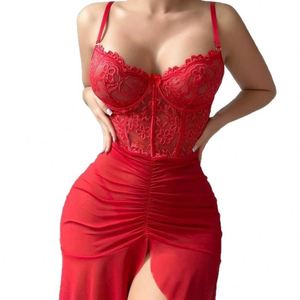 Ensemble de lingerie sexy en dentelle florale européenne et américaine, robe deux pièces florale, string à taille élastique, pyjama transparent pour femmes - Product Image 5
