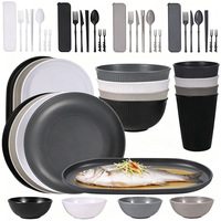 Lot de 44 pièces de vaisselle en paille de blé, 4 couleurs, assiettes côtelées, bols à salade, tasses avec kits de couverts, ensemble portable pour l'extérieur