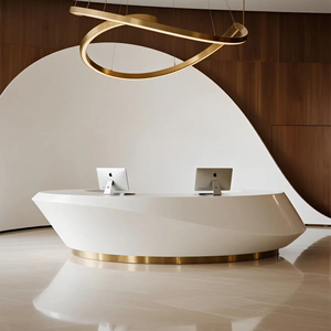 Bureau de réception incurvé extensible jaune moderne avec découpe ovale pour les bureaux, les hôtels et les centres commerciaux - Product Image 1