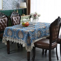 Nappe de table de luxe de style européen en jacquard bleu foncé avec broderie florale ajourée pour la maison, la salle de banquet, rétro