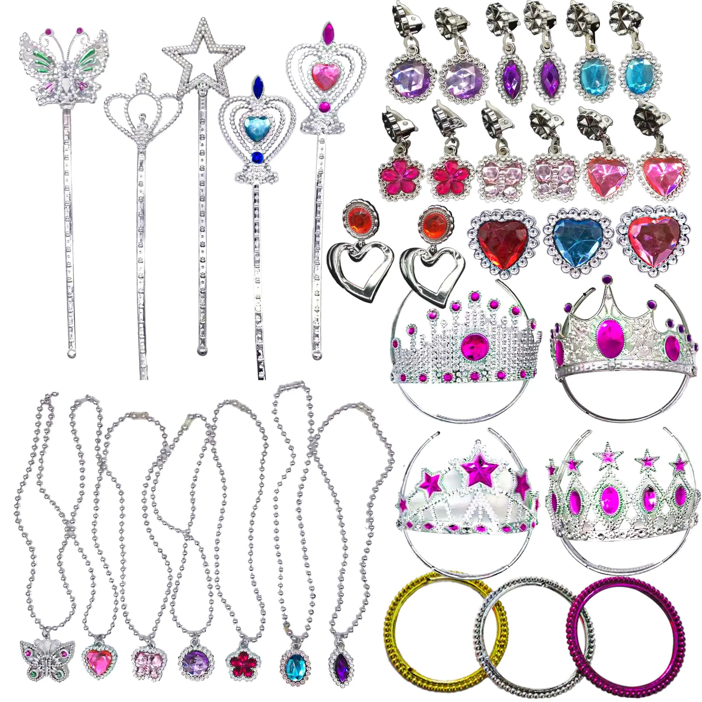 Customized Pretend Play Girl Jewelry Toys Set Fairy Princess Crown Wand Necklace Bracelet Ring Earring Dress Up Toys for Girls